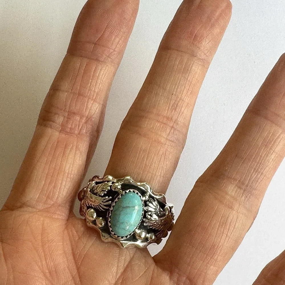 Navajo Eagle Mens Band Sz 13 Ring Turquoise Sterling Morgan Native American